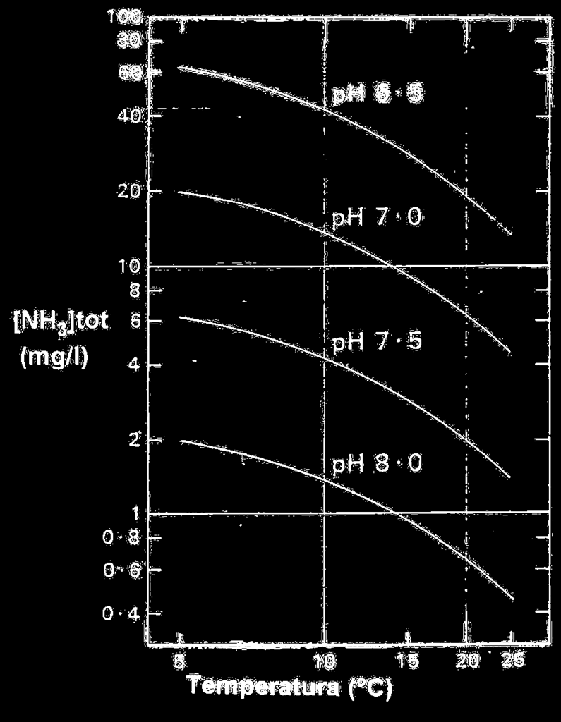 Concentrazione totale di Ammoniaca [NH 3 ]+[NH 4+ ] alle quali corrisponde, a diversi ph, il valore standard di 0,025 mg/l di [NH 3 ]