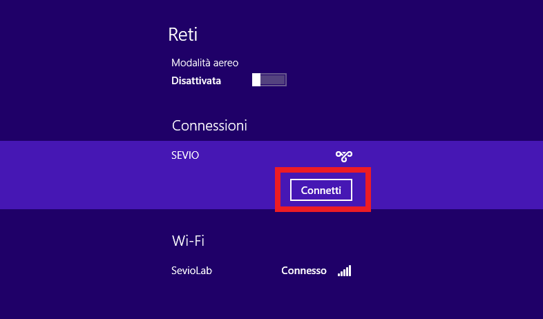 7.1 Windows 8 Fare clic sull icona Impostazioni, digitare nella casella di ricerca Connessione VPN e confermare premendo Invio. Inserire come Indirizzo Internet vpn.sevio.