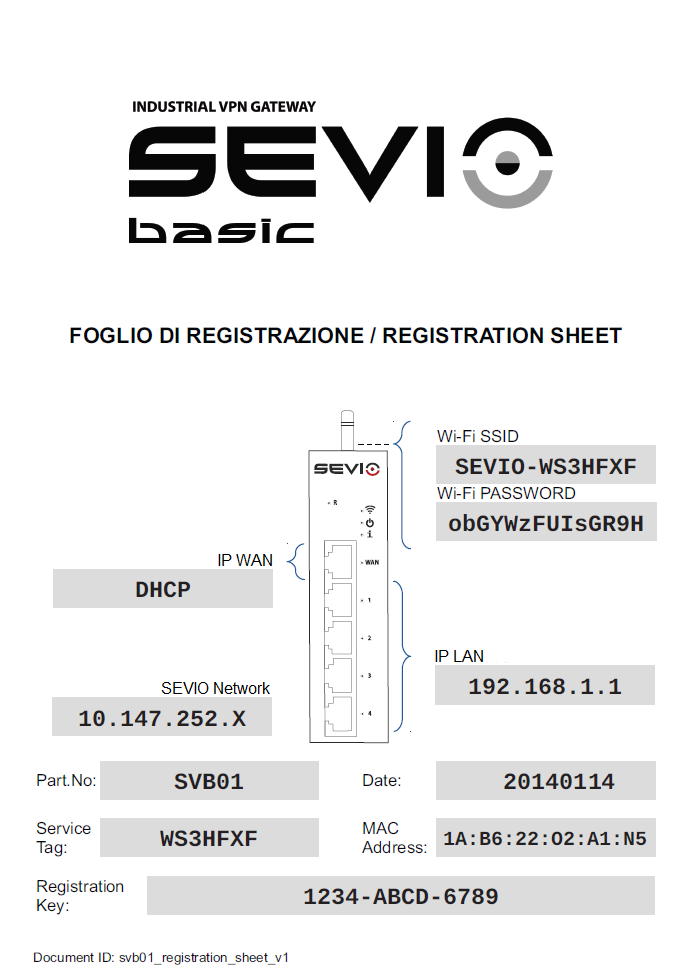 11 Registration Sheet Questo documento riassume i dati fondamentali del dispositivo acquistato ed è indispensabile per la registrazione di Sevio Router.