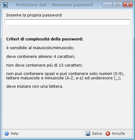 Manuale Nutrigeo - 11. Sezione "Configurazione" di seguito in cui l'utente deve inserire la password corretta precedentemente inserita. Cliccando sul pulsante Salva si completa l'operazione.