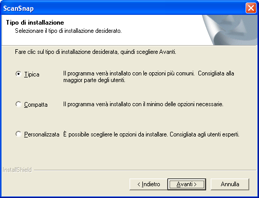 Appare la finestra di dialogo "Tipo di installazione". 7. Selezionate un opzione di installazione e quindi fate click sul tasto [Avanti]. Selezionare [Tipica] per un uso ordinario.