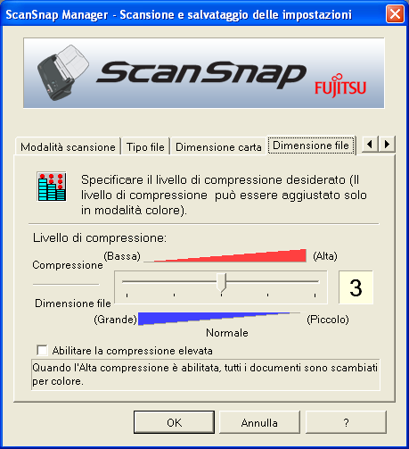Salvare le immagini scansionate con una valutazione ad alta compressione In aggiunta alla funzione di compressione ordinaria, le caratteristiche di ScanSnap funzione di "Alta Compressione" per