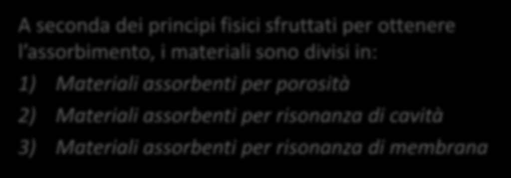 I MATERIALI FONOASSORBENTI COEFFICIENTE DI ASSORBIMENTO ACUSTICO: energia sonora assorbita α = = 0 1 energia sonora incidente Materiali totalmente riflettenti Materiali totalmente assorbenti Dipende