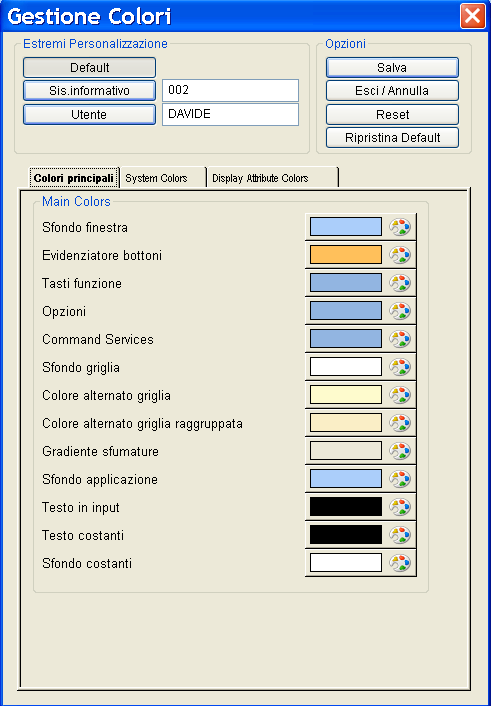 Gestione colori: attiva la finestra di personalizzazione dei colori dell interfaccia: Colori principali: impostazione colori dell interfaccia.