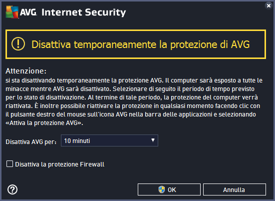 predefinita, la protezione verrà disattivata per 10 minuti, tempo sufficiente per svolgere attività comuni quali l'installazione di un nuovo software e così via.