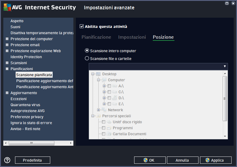 Nella scheda Posizione è possibile definire se si desidera pianificare la scansione dell'intero computer o la scansione di file o cartelle.