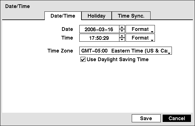 Videoregistratore digitale Impostazione della data/ora Selezionare Date/Time (Data/Ora) nel menu System (Sistema) e premere il tasto, dopodiché compare la schermata Date/Time.