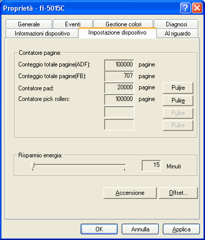 Appare la finestra [Proprietà fi-5015c ]. 5. Fare click sulla scheda "Impostazione dispositivo". Appare la seguente finestra.