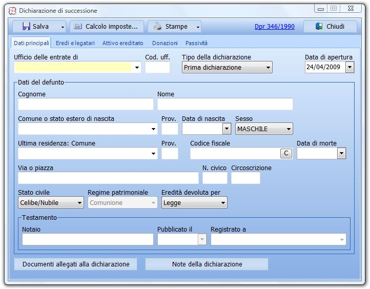 Software Successioni un applicativo completo, per la predisposizione della dichiarazione di successione, dei calcoli delle imposte, delle quote ereditarie L applicazione vuole essere un utile