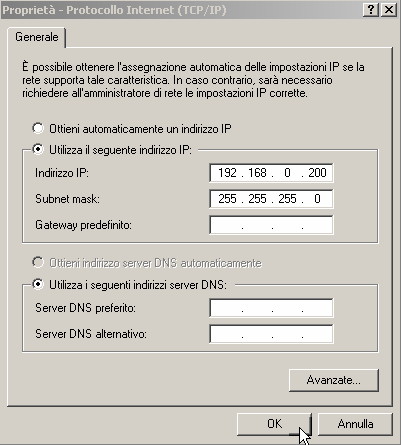 b) Selezionare Protocollo Internet e premere Proprietà: c) Impostare i valori come segue e premere OK e ancora OK (o chiudi).