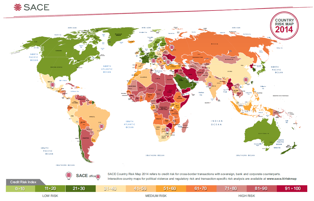 APPENDICE 1 - LA COUNTRY RISK MAP SACE La natura del rischio paese è multidimensionale e la Country Risk Map SACE consente di collegare gli operatori, siano essi esportatori, banche, investitori