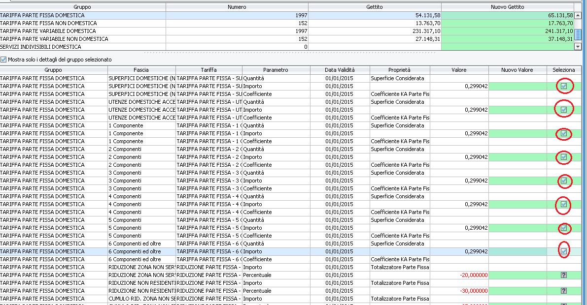 5. Verifica gettiti Premendo sul relativo tasto appare la seguente schermata, nella quale è facile riscontrare il gettito secondo il gruppo di categorie: Qualora tale gettito deve essere modificato è