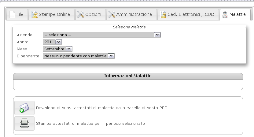 12. MALATTIE GESTIONE IMPORT AUTOMATICO Abbiamo predisposto il programma di studio Web per la ricezione automatica dei certificati di malattia direttamente dall Istituto (inps).