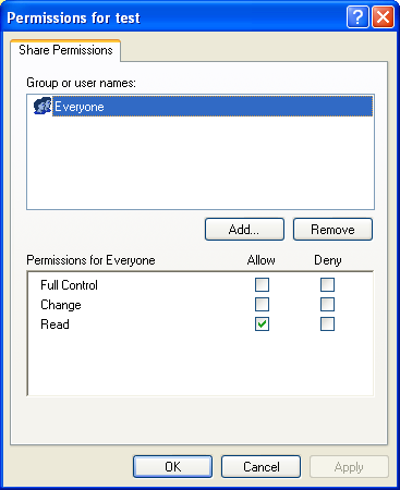 Nella finestra Proprietà test (test Properties), selezionare la scheda Condivisione (Sharing), e selezionare Condividi cartella (Sharing this folder).