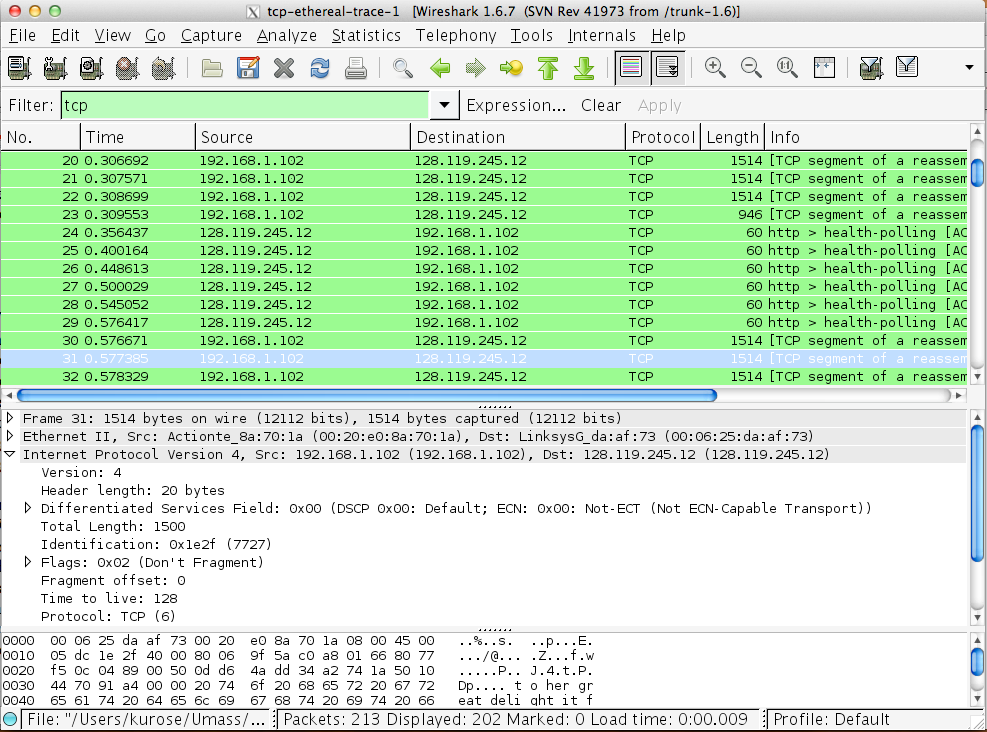 Quello che dovreste vedere è una serie di messaggi TCP e HTTP scambiati tra il vostro computer e gaia.cs.umass.edu. Dovreste vedere l'handshake a tre vie iniziale contenente un messaggio SYN.