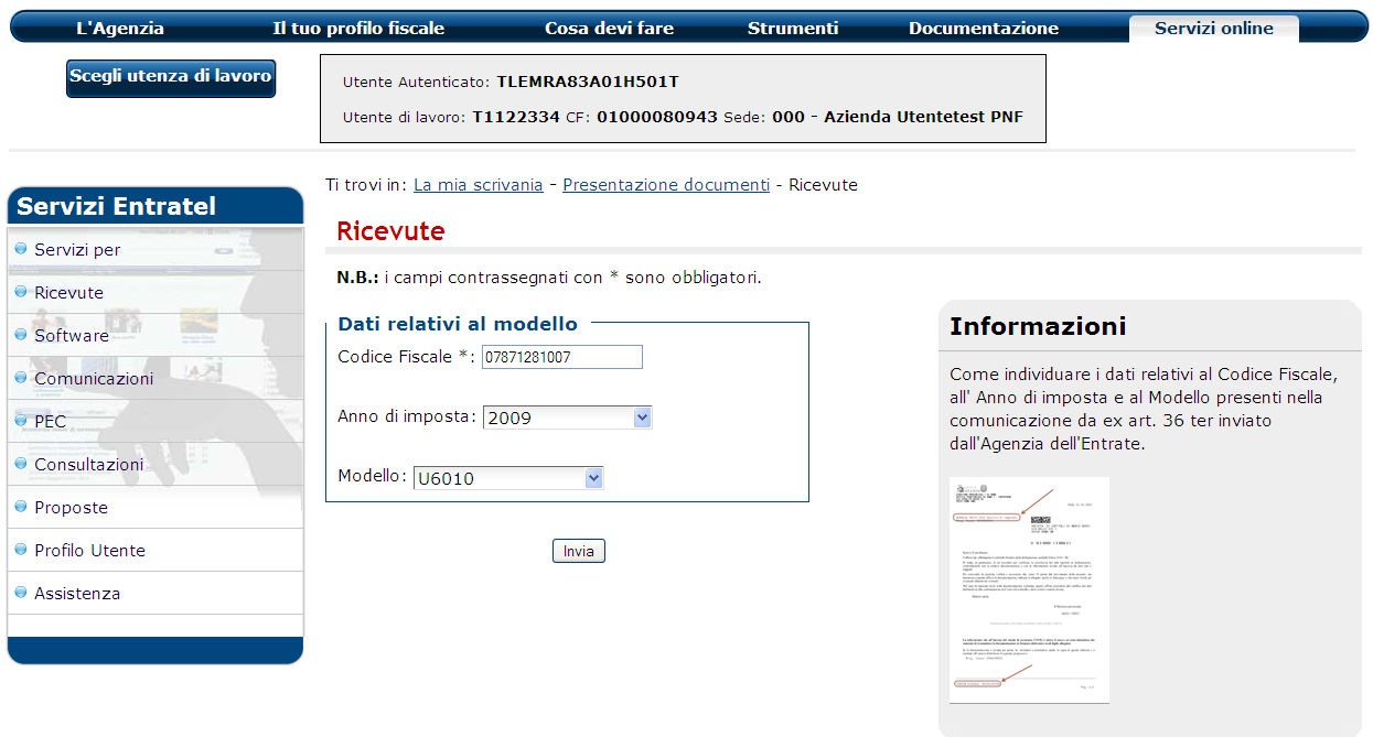 L utente può visualizzare la ricevuta dell invio effettuato, cliccando sul link Ricevute presente nel menu