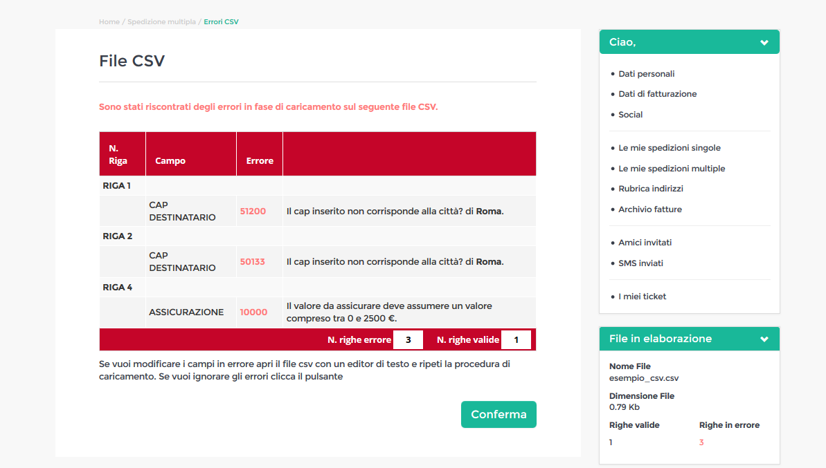 VERIFICA ERRORI NEL CARICAMENTO DEL FILE.CSV Terminato il caricamento del file il sistema indica se ci sono errori formali o sintattici.