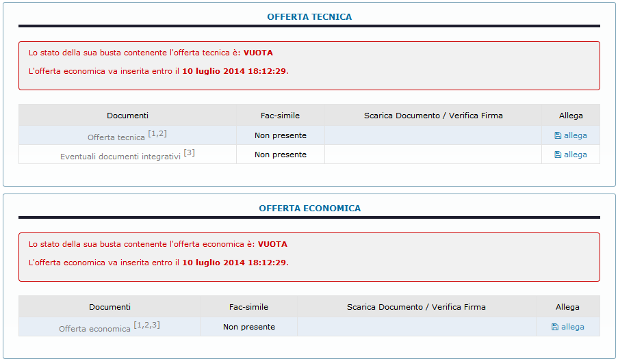 Figura 18 - Busta amministrativa incompleta Dopo aver completato il caricamento nella busta amministrativa, si sbloccherà la possibilità di caricare documenti nelle buste delle offerte.