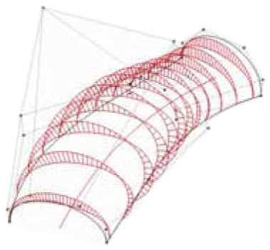 di Forma; (1) CAD parametrico + algoritmo che crea trave reticolare con correnti soggetti a solo sforzo assiale; (2) Collegamento tra superficie NURBS e suddetta