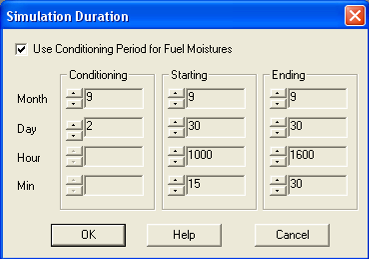 4.1.4 INDICARE LA DURATA DELLA SIMULAZIONE La durata della simulazione stabilisce il tempo di inizio e quello di conclusione per i calcoli dell incendio e dell umidità del combustibile.
