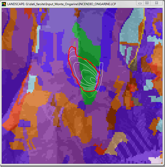 Figura 3.40: Perimetro stimato da FARSITE (rosso), dopo un accurata disposizione dei mezzi aerei, alle ore 16:30 del 9 settembre 2003.