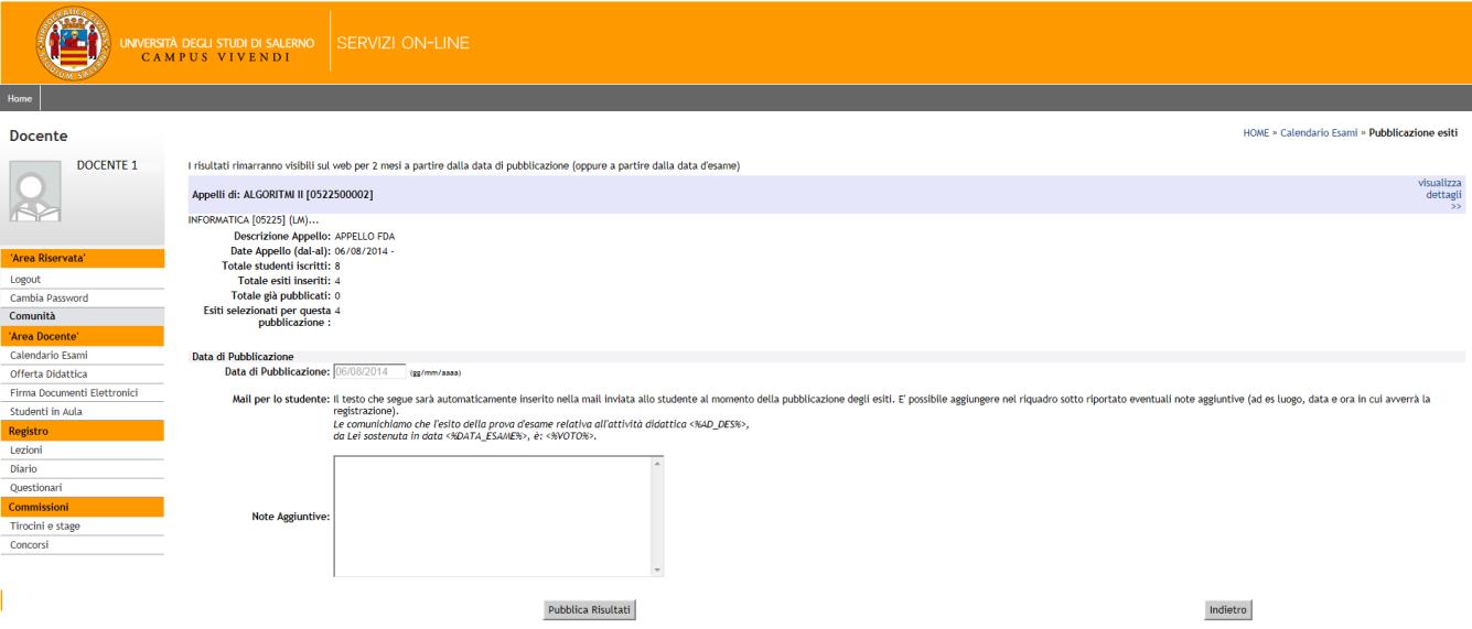 Si riporta di seguito un esempio, in cui lo stesso docente ha svolto 4 esami ed al termine pubblica i relativi 4 esiti.