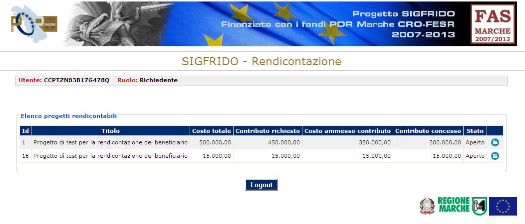 5 SELEZIONE PROGETTI DA RENDICONTARE Cme dett, in questa pagina, vengn mstrati, tramite una griglia, tutti i prgetti rendicntabili