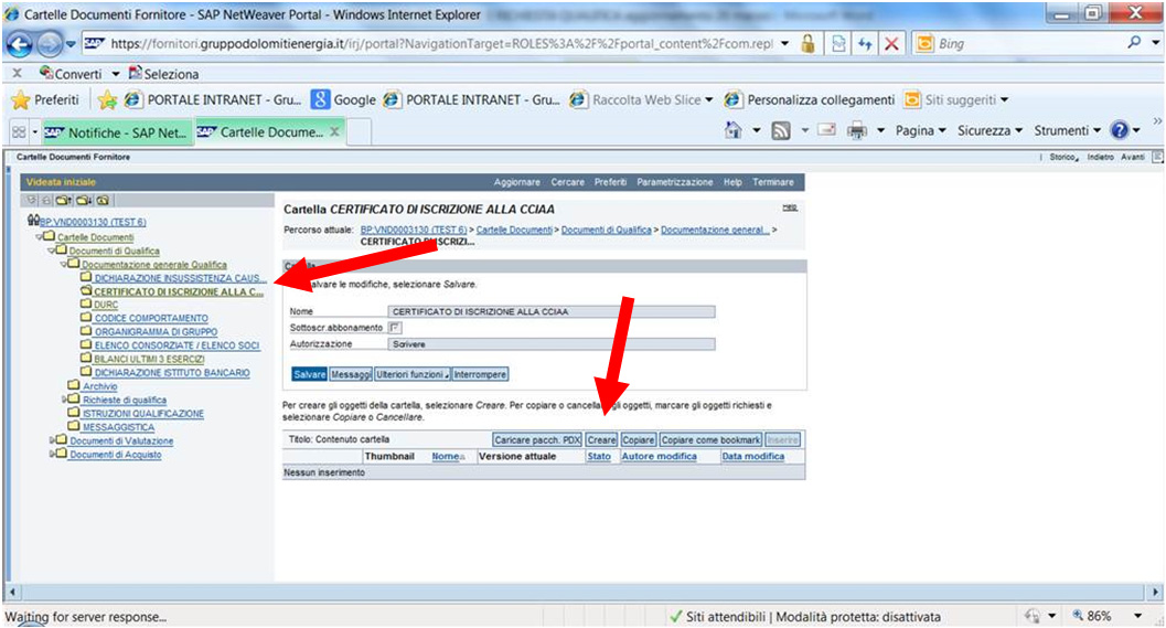 Figura 8: schermata per il caricamento di documenti nell area collaborativa con riferimento al Certificato di iscrizione