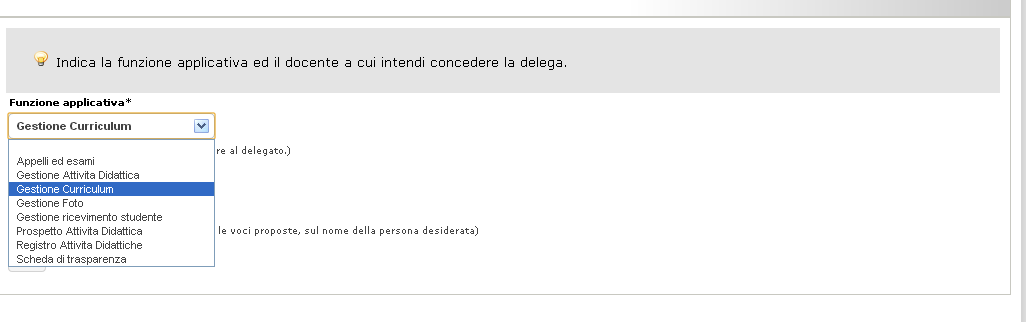 GESTIONE DELEGHE Selezionando la priva voce, Gestione Deleghe, è possibile indicare un soggetto a cui si delega la gestione di una o più sezioni del portale della didattica.