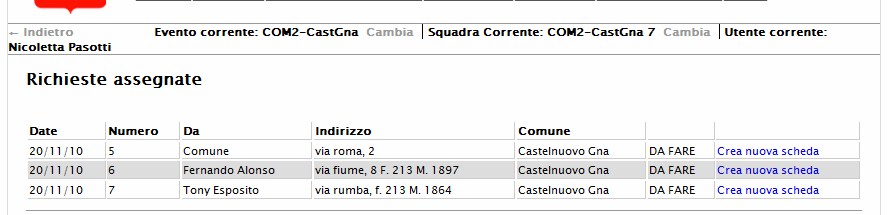 CREARE una SCHEDA di AGIBILITA partendo dalla richiesta di sopralluogo SEZIONE AGIBILITA Tasto Richieste di sopralluogo Si apre l elenco delle Richieste Assegnate alla squadra settata Data della