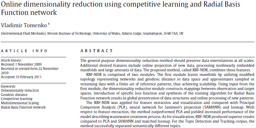 PARTE SECONDA: ONLINE DIMENSIONALITY REDUCTION USING COMPETITIVE HEBBIAN LEARNING AND RADIAL BASIS