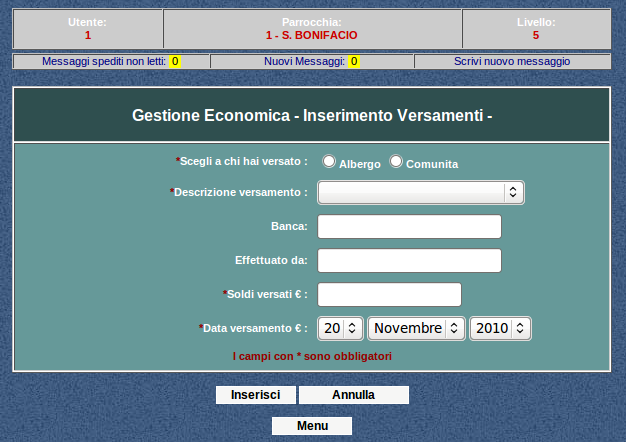 Finito l inserimento di tutti i nominativi componenti la parrocchia, si ritorna alla pagina iniziale e si clicca su Gestione Economica ed appare la sottostante schermata e pertanto si va sul