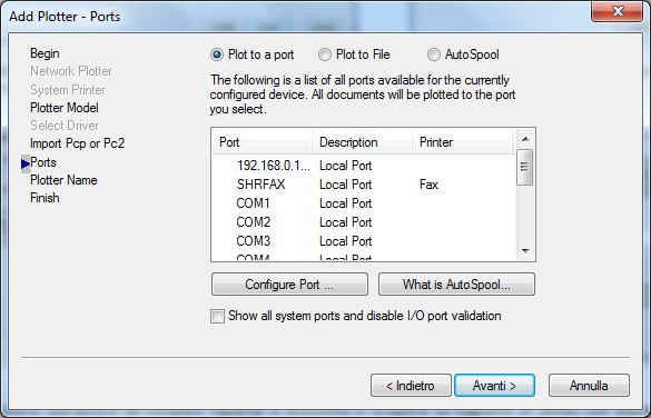 Nella sezione Add Plotter Ports selezioniamo Plot to file, mentre nella finestra Plotter Name possiamo assegnare un nome al nostro plotter virtuale.