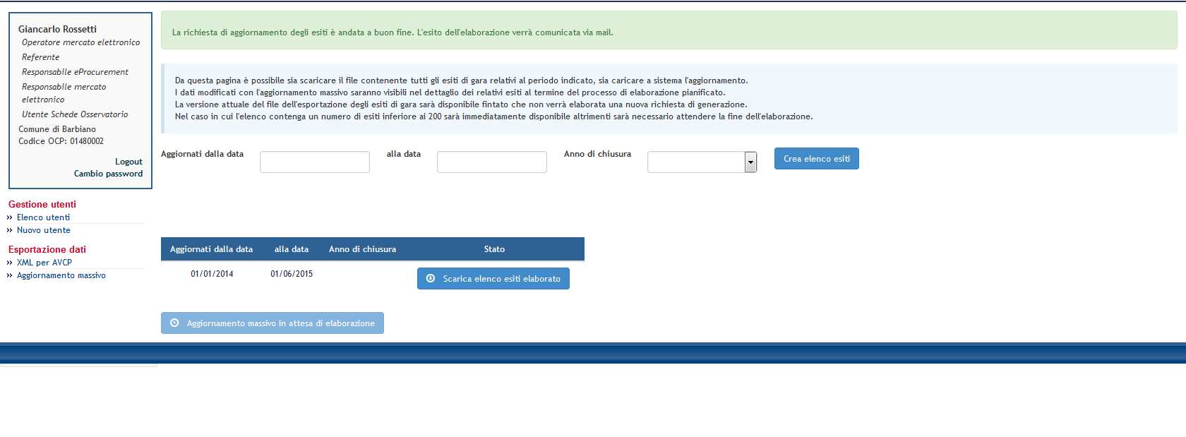 Cliccando su scarica elenco esiti elaborato il sistema fornisce un file formato CSV e contenete le seguenti informazioni: CIG, Importo contrattuale, Importo delle somme liquidate (al netto d IVA),