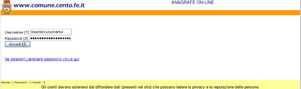 Figura 26: pagina Web per il login degli enti pubblici esterni Come nel caso degli utenti comunali, se viene trovato un record con username e password indicati allora si procede a recuperare i vari