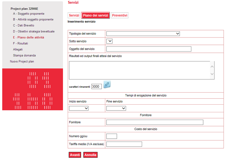 Cliccare su Inserisci per visualizzare la schermata di inserimento dei dati relativi ai singoli servizi specialistici richiesti.