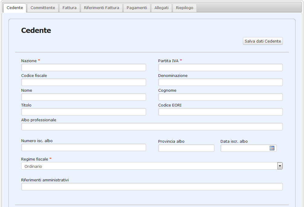 2.5 Cedente Figura 10 Cedente In questa maschera verranno inseriti i dati del cedente come previsto nei campi.