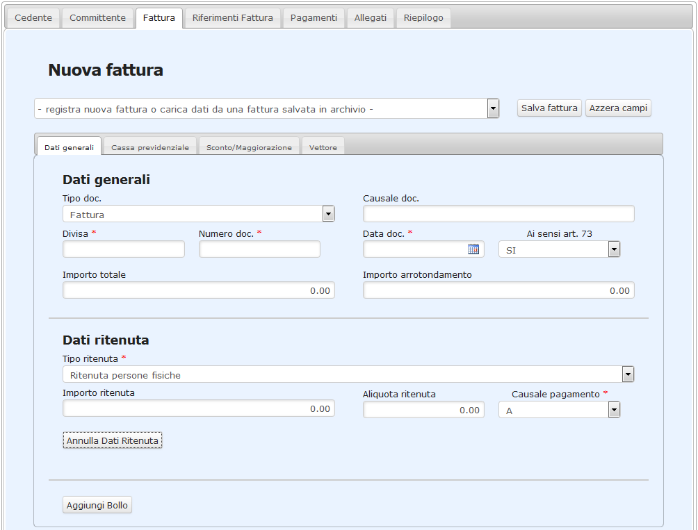 Altrimenti è possibile salvare una nuova versione della fattura (senza perdere quella precedente) scegliendo nel menu a tendina la selezione principale ( - registra nuova fattura o