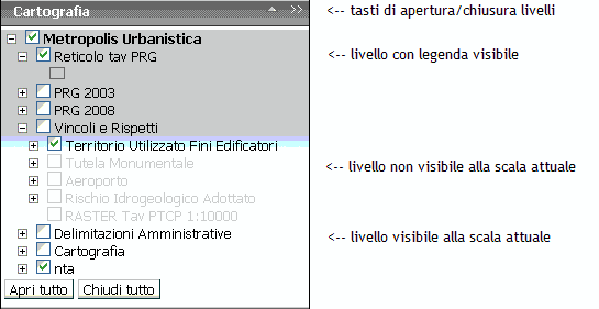Cartografia: è l'elenco degli strati cartografici presenti nella mappa completi della simbologia di rappresentazione. Di norma all'avvio dell'applicazione la sezione "Cartografia" appare chiusa.