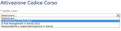 3) Per procedere con la Scelta del Corso ECM FAD, attendere la nuova visualizzazione e dal menù a tendina, effettuare la scelta del corso valido per il codice inserito, tra quelli indicati, anche in