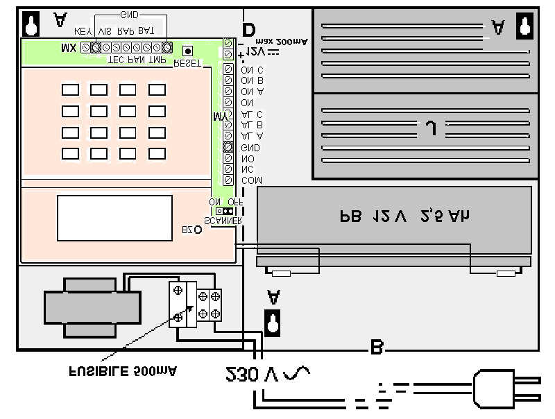 Scheda elettronica (Fig.B) Tutte le uscite OPEN COLLECTOR (NPN max 100mA 12V) chiudono verso negativo COM / NC / NO = rele di allarme generale (12V 0,5A) AL A = uscita NPN allarme zona A (3 min.