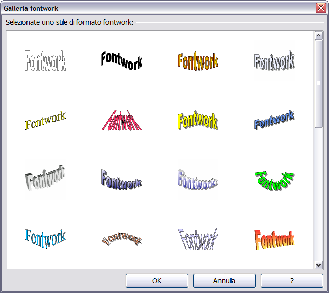 Creazione di un oggetto Fontwork 1) Fate clic sull'icona Galleria Fontwork sulla barra degli strumenti Disegno o sulla barra degli strumenti Fontwork.
