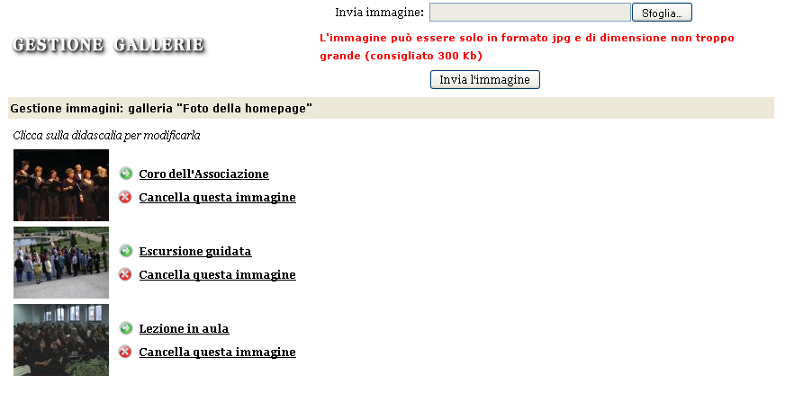 La gestione delle immagini della hompage consente l'inserimento massimo di 4 immagini.