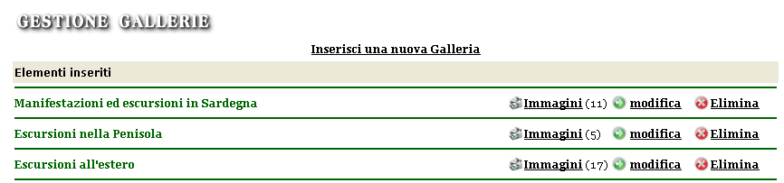 Gallerie di immagini: È possibile creare un numero indefinito di gallerie, all'interno delle quali si possono inserire le immagini.