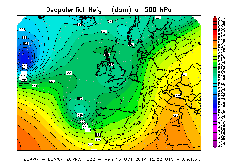 Figura 4 Altezza di geopotenziale a 500 hpa alle ore 12 UTC del 13 Ottobre 2014. Elaborazione ARPA Piemonte su dati ECMWF.