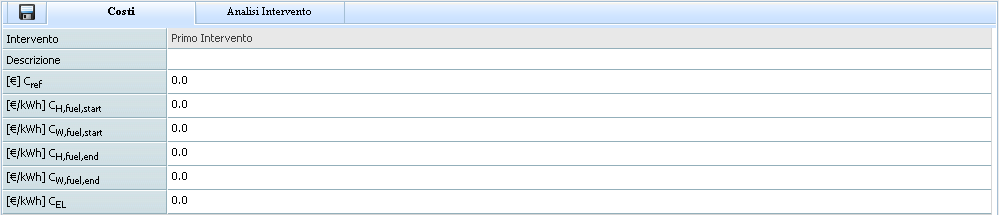 Per ogni intervento considerato, selezionandolo, è possibile definire: Costi: Descrizione intervento di riqualificazione; Costo intervento di