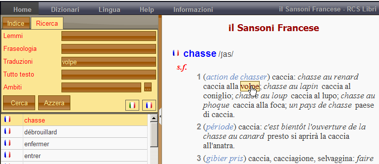 Cliccando su Sinonimi e contrari si possono visualizzare i sinonimi e i contrari Nei