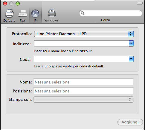 MAC OS X 16 PER AGGIUNGERE UNA STAMPANTE CON IL COLLEGAMENTO IP 1 Fare clic sull icona IP nella finestra di dialogo.