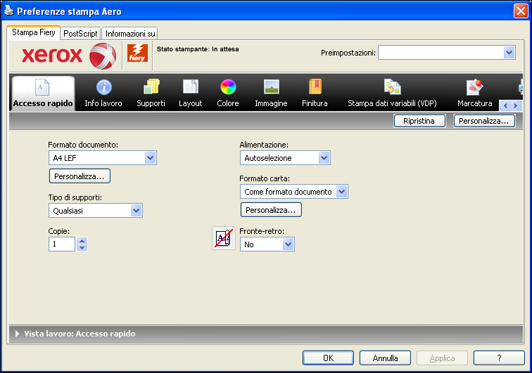 WINDOWS PER INTEGRATED FIERY COLOR SERVER 85 Impostazione delle opzioni di stampa predefinite per i lavori Per impostare le opzioni di stampa predefinite, usare la seguente procedura.