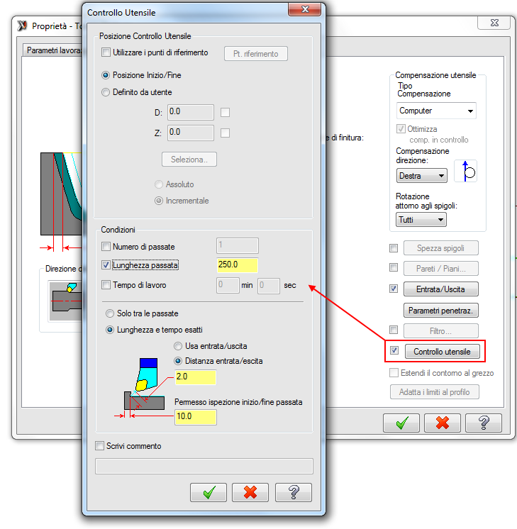 Ispezione Utensile nella Finitura La funzione Ispezione Utensile in precedenza era disponibile solo nei percorsi Sgrossatura e Gola.